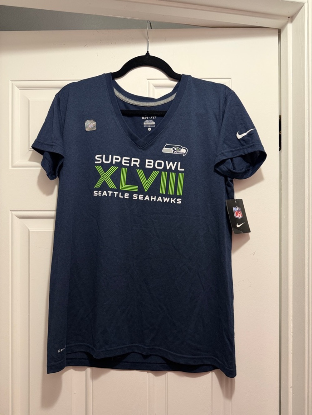 Nike Navy and Neon Green Seattle Seahawks Super Bowl Tee